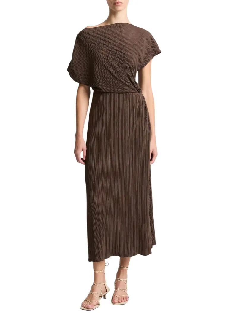 Diagonal Pleated Twist-Waist Dress - Brun