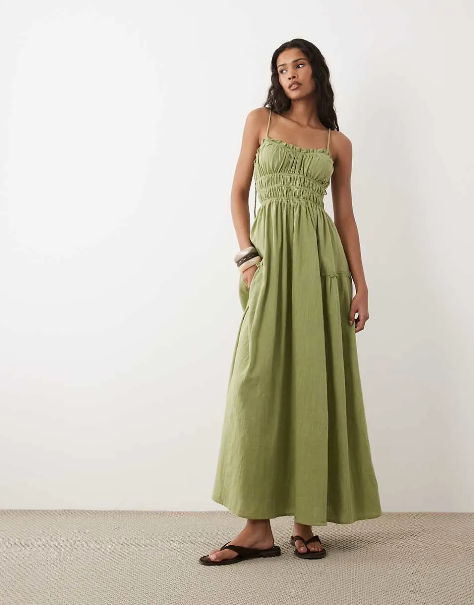 ASOS DESIGN Faith beach shirred maxi sundress in washed olive