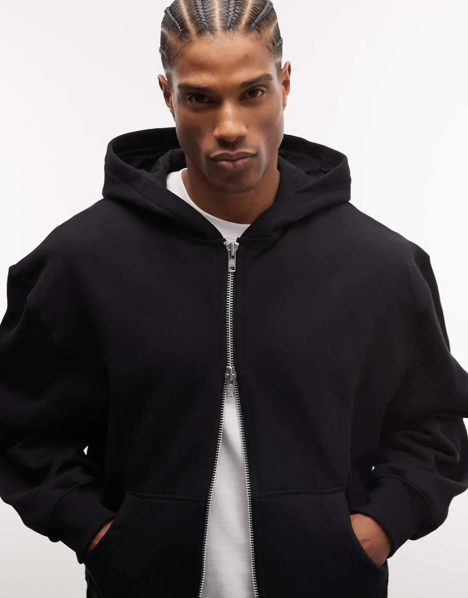 ASOS DESIGN premium heavyweight oversized zip through hoodie in 400gsm in black