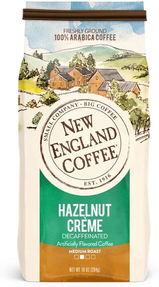 New England Coffee Hazelnut Crème Decaffeinated Medium Roast Ground Coffee, 10oz Bag (Pack of 3)