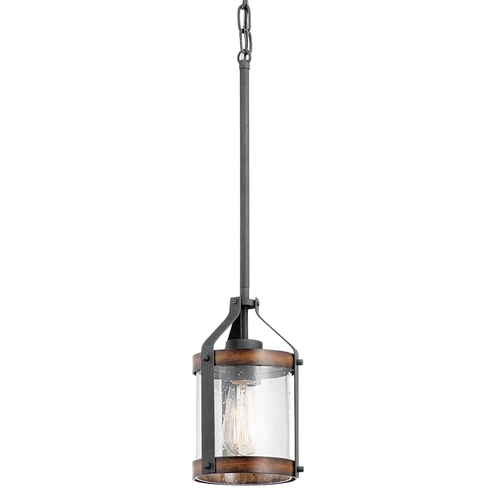 Barrington 1 -Light Distressed Black and Wood Tone Farmhouse Seeded glass Cylinder Small Hanging Pendant Light