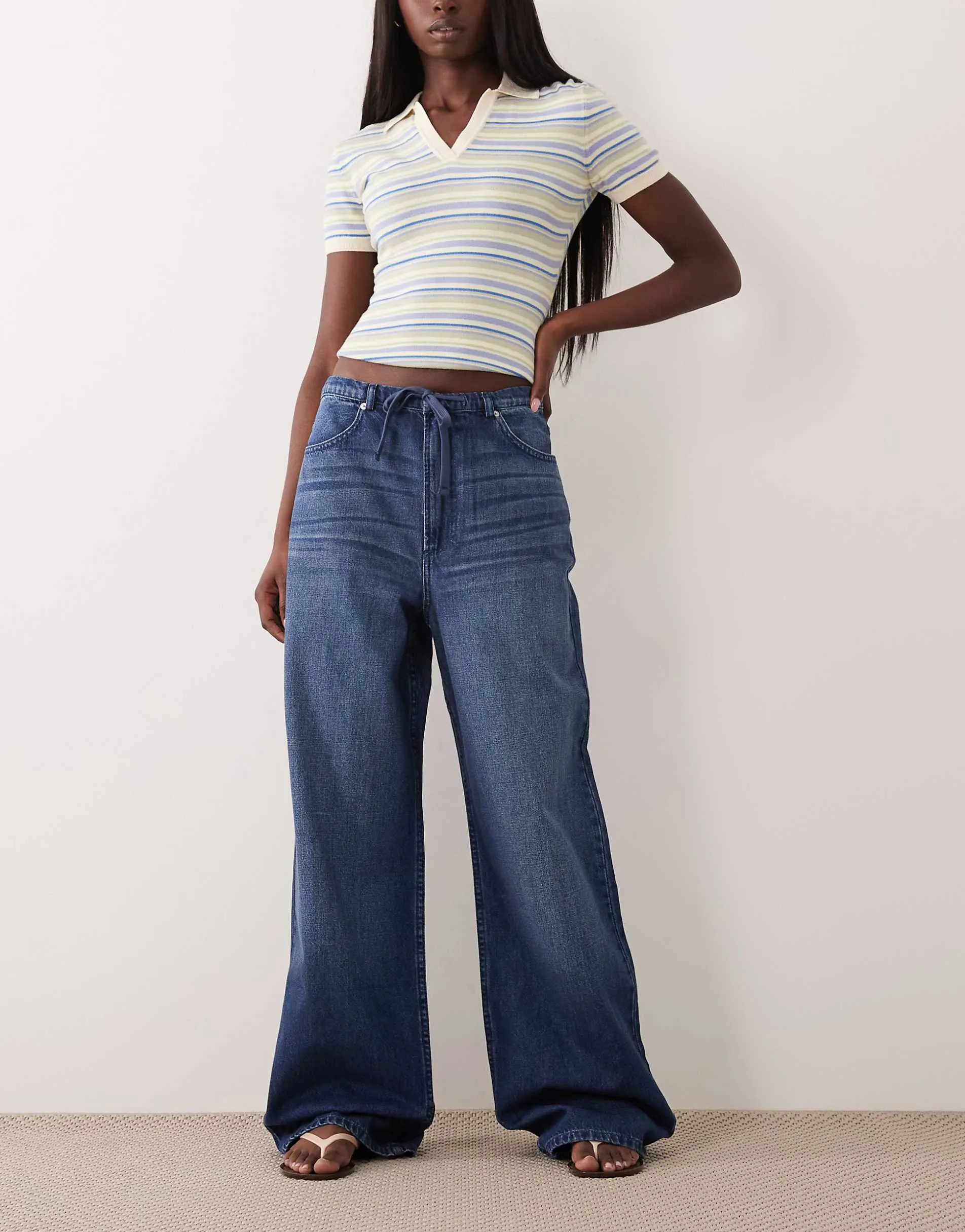 ASOS DESIGN pull on wide leg jean in mid wash blue