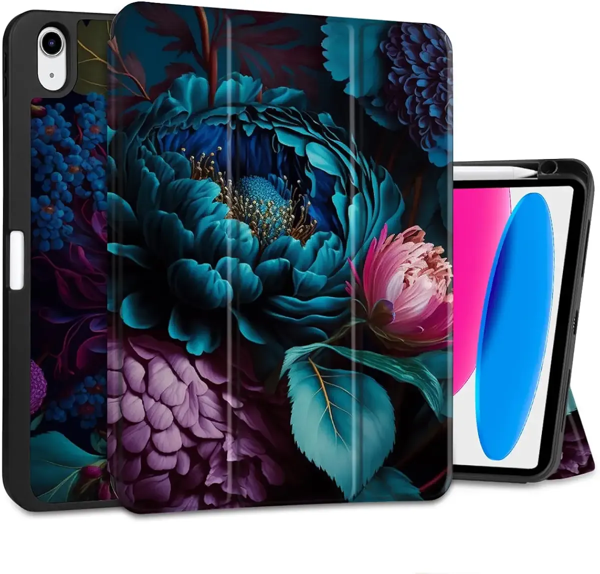 MEEgoodo Case for iPad A16 11th Generation 11 inch 2025/iPad 10th Generation 10.9 inch 2022,Tablet Cover with Trifold Stand + Pencil Holder + Auto Wake/Sleep + TPU Back Cover, Beautiful Fantasy Flower
