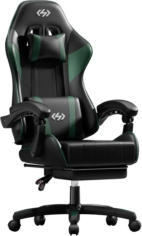 HLDIRECT Gaming Chair with Footrest, Lumbar Support & Headrest, Black&Green | Ergonomic, 90°-135° recline, adjustable height & 360° swivel, PU leather and 45D foam, for adult gaming, work & relaxing