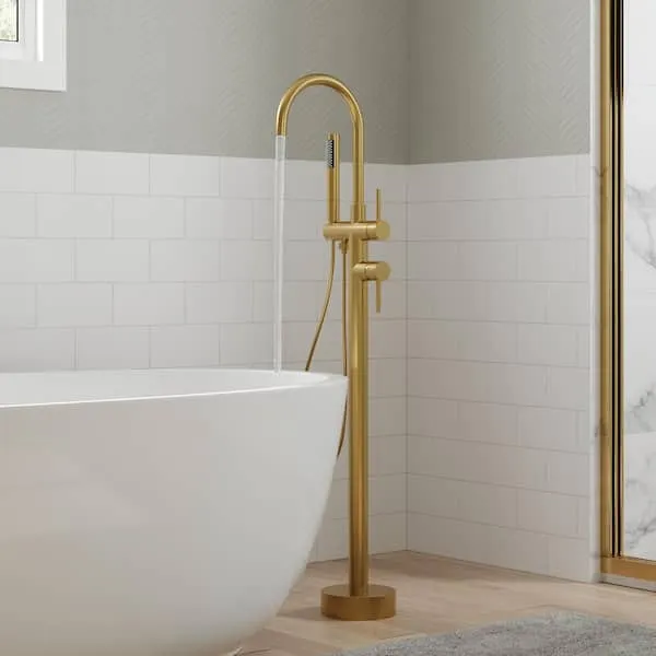 GRANDJOY Floor Mount 2-Handle Freestanding Tub Faucet Claw Foot Tub Faucet Bathtub Filler with Hand Shower in Brushed Gold