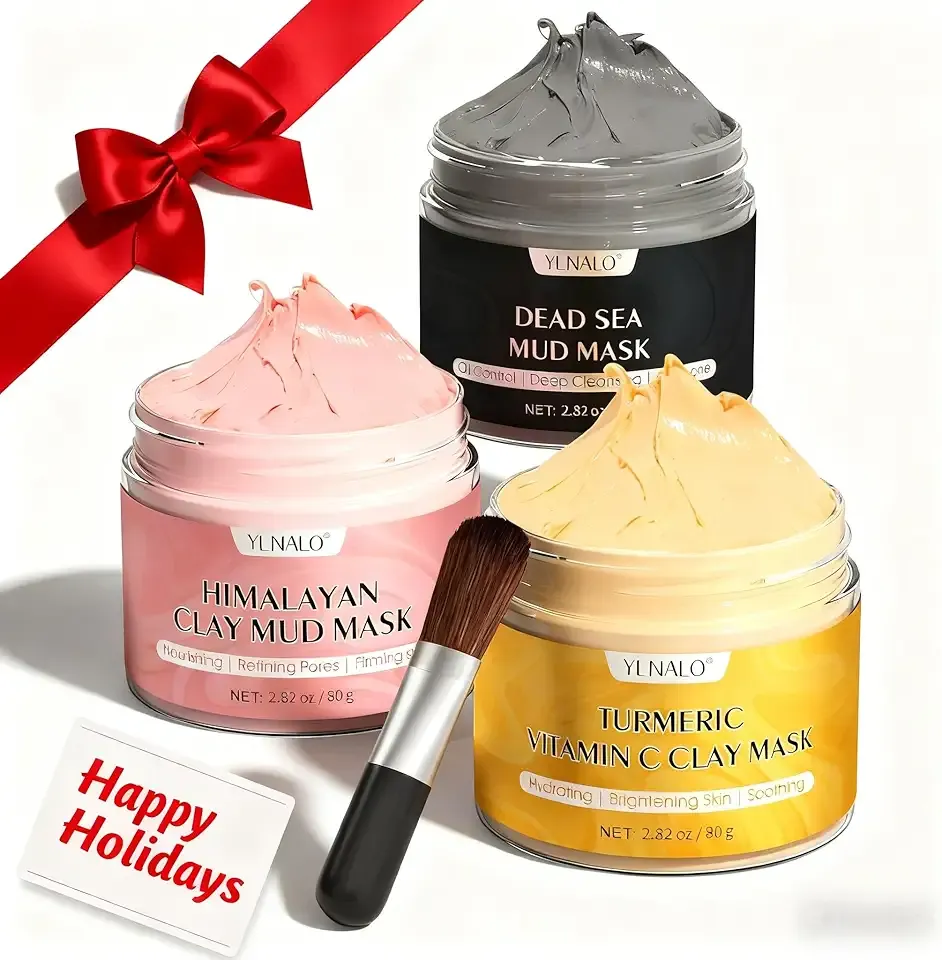 YLNALO Stocking Stuffers for Women 3 Pcs Clay Facial Mask Set - Turmeric Vitamin C, Dead Sea and Himalayan Clay Skin Care Mask for Deep Cleansing, Moisturizing, and Refining Pores, Spa Facial Mask Set