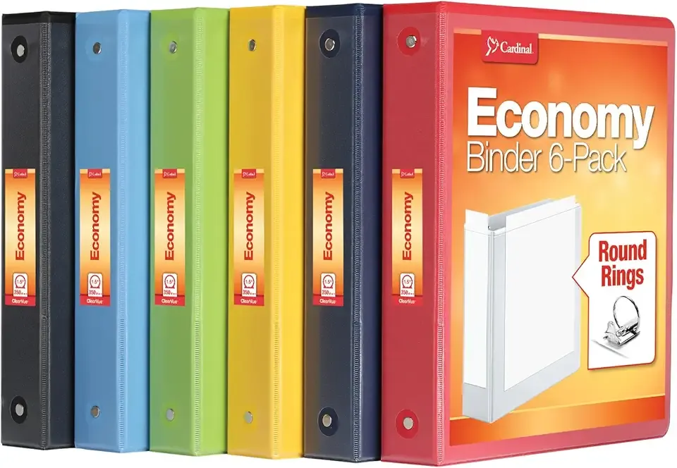 Cardinal 3 Ring Binders, 1.5 Inch, Round Rings, Holds 350 Sheets, ClearVue Presentation View, Non-Stick, Assorted Bright Colors, 6 Pack (79557)
