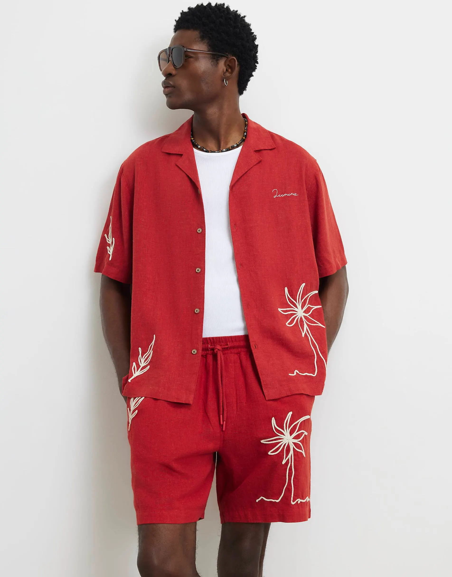 River Island Linen blend roping shirt in red