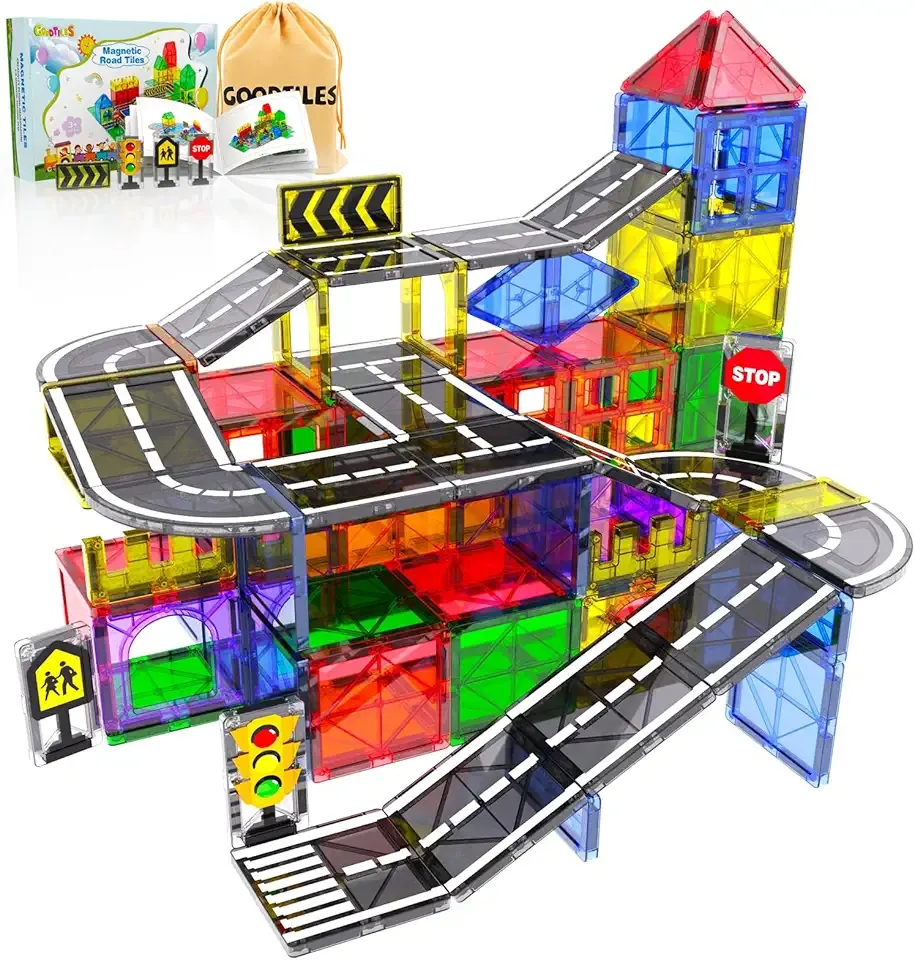 Magnetic Tiles - Road Set, Magnetic Building Blocks, Preschool Montessori Toys Gift for 3+ Year Old Boys and Girls, Sensory Christmas Toys for Kids Aged 3-5 and 4-8, Ideas for Toddler with Autism