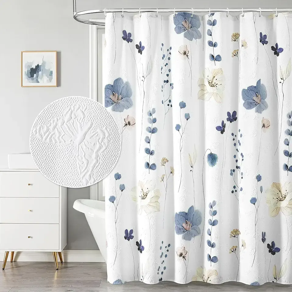 QiyI Watercolor Floral Shower Curtain, 3D Embossed Butterflies Grey Beige Flower Bathroom Curtains, Minimalist White Cloth Bath Curtain, Waterproof Fabric Textured Shower Curtain Set with Hooks, 72x72
