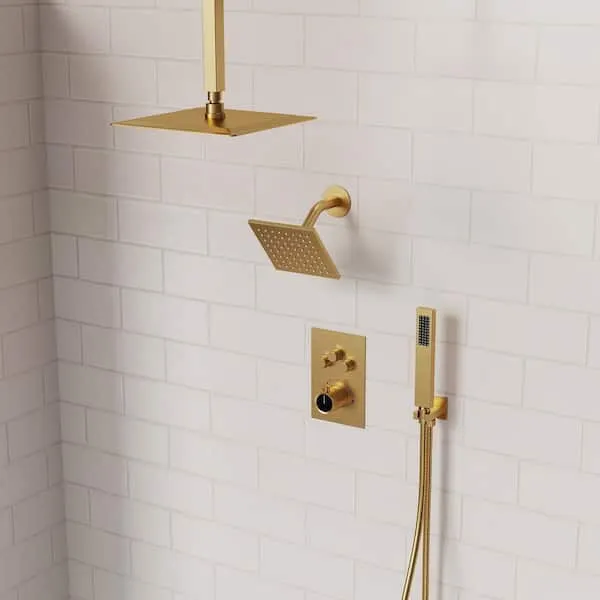 EVERSTEIN 7-​Spray Patterns Thermostatic 12 in.​ 6 in.​ Ceiling Mount Fixed and Handheld Shower Head in Brushed Gold