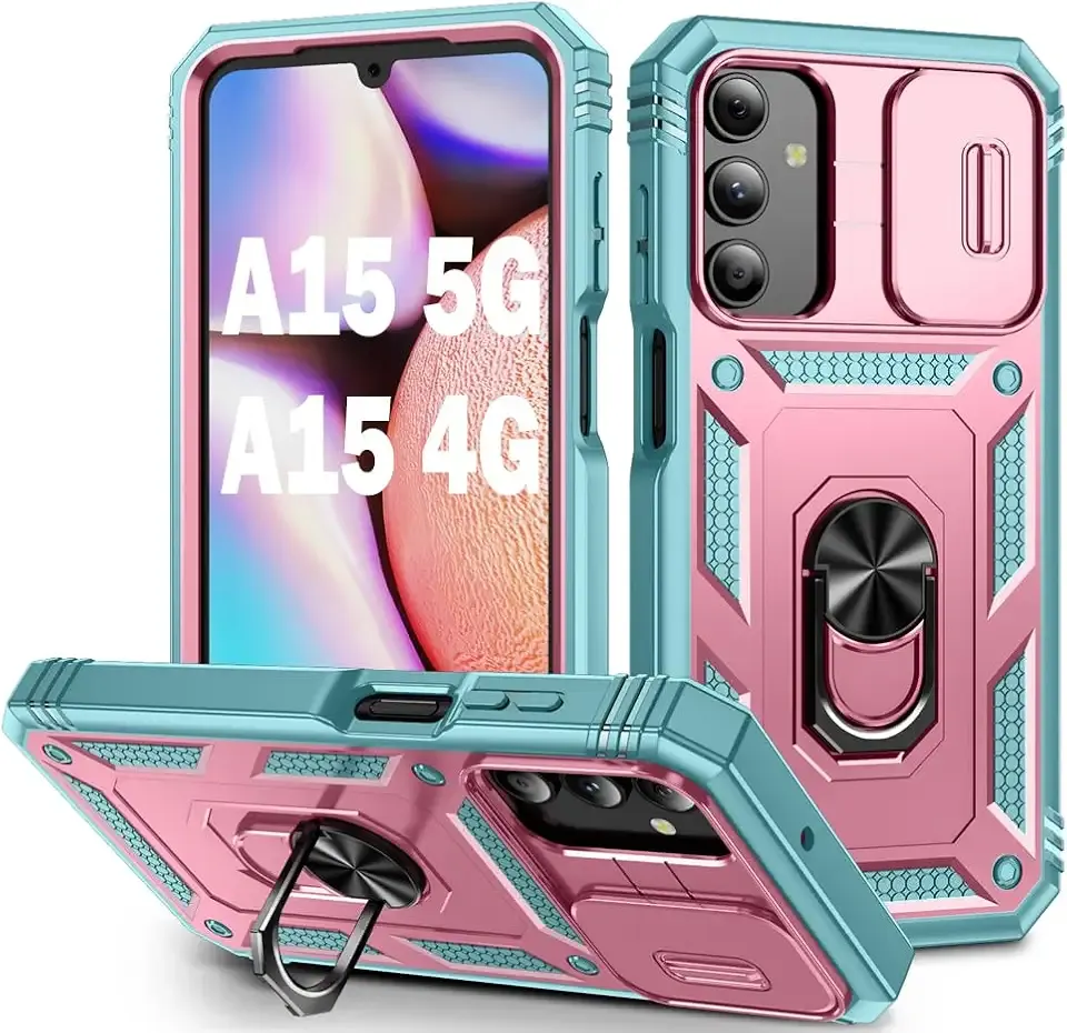 PASNEW Case for Samsung Galaxy A15 5G with Kickstand & Slide Camera Cover,Military Grade Heavy Duty Shockproof Multi-Layer Shell for A15 4G,6.5 inch,Pink Green