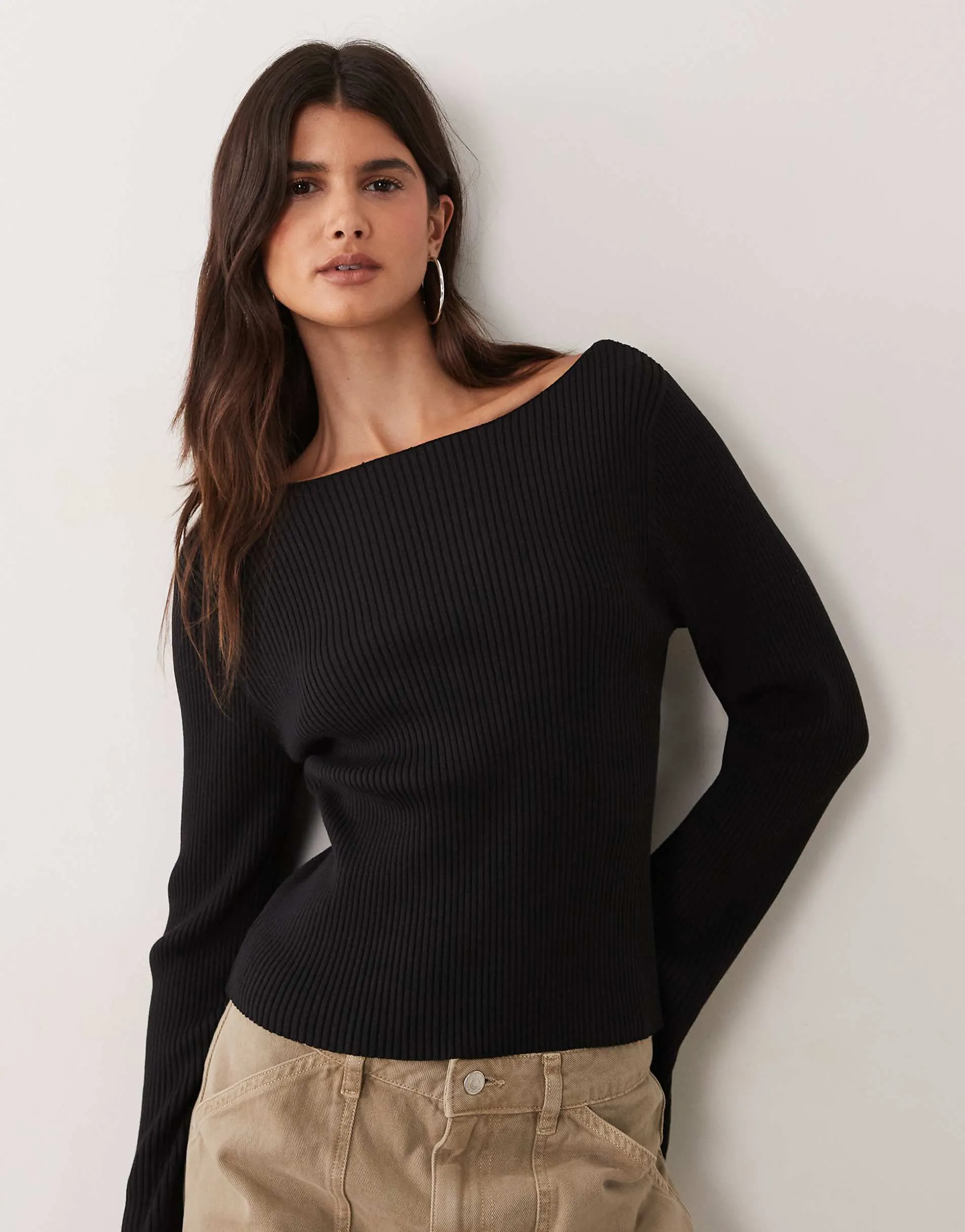 Miss Selfridge rib knit slash neck flare sleeve top in black