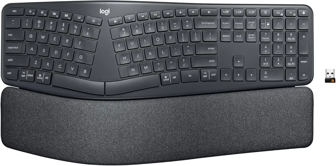 Ergo K860 Wireless Ergonomic Keyboard - Split Keyboard, Wrist Rest, Natural Typing, Stain-Resistant Fabric, Bluetooth and USB Connectivity, Compatible with Windows/Mac, Black