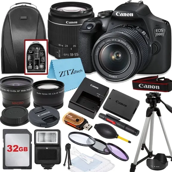Canon EOS 2000D / Rebel T7 DSLR Camera with 18 to 55mm Lens, 32GB Memory, Tripod, Backpack and ZeeTech Bundle (International Model) $444.95