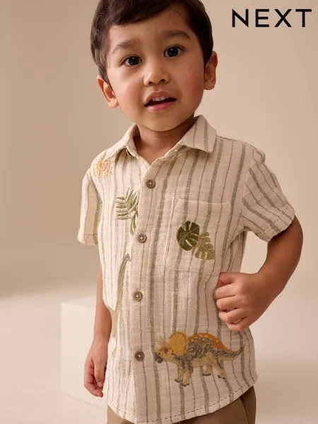 Ecru Striped Dino Short Sleeve Shirt (3mths-7yrs)