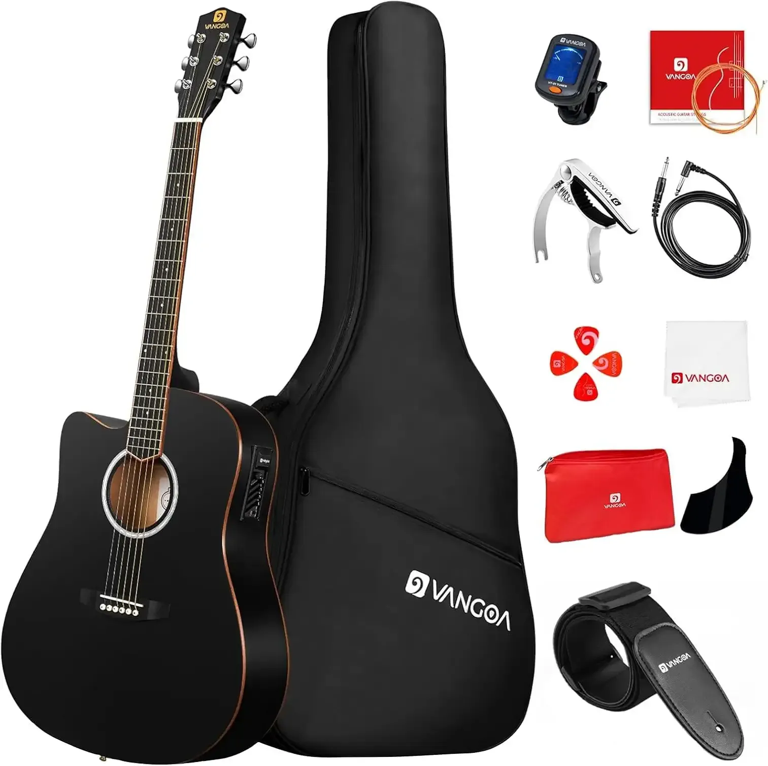 Vangoa Left Handed Acoustic Electric Guitar Kit for Adult Beginner Full Size Cutaway Lefty Acoustic Guitar Bundle Set with Built-in 4 Band EQ Bag Tuner Cable Strap Capo String, Matte Black