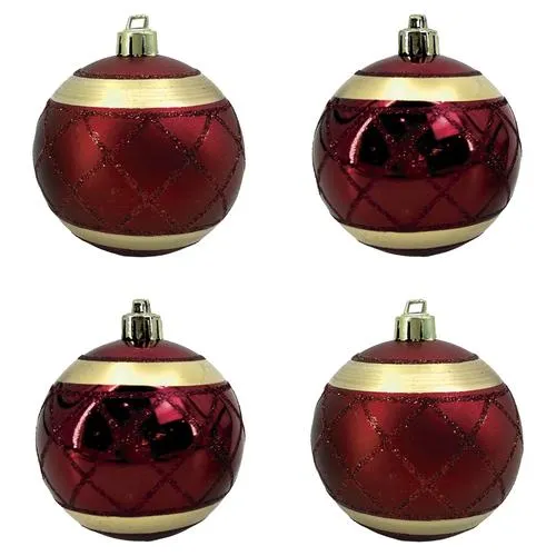Enchanted Forest® 80mm Dark Red Glitter Designs Shatterproof Ornaments - 4 Pack
