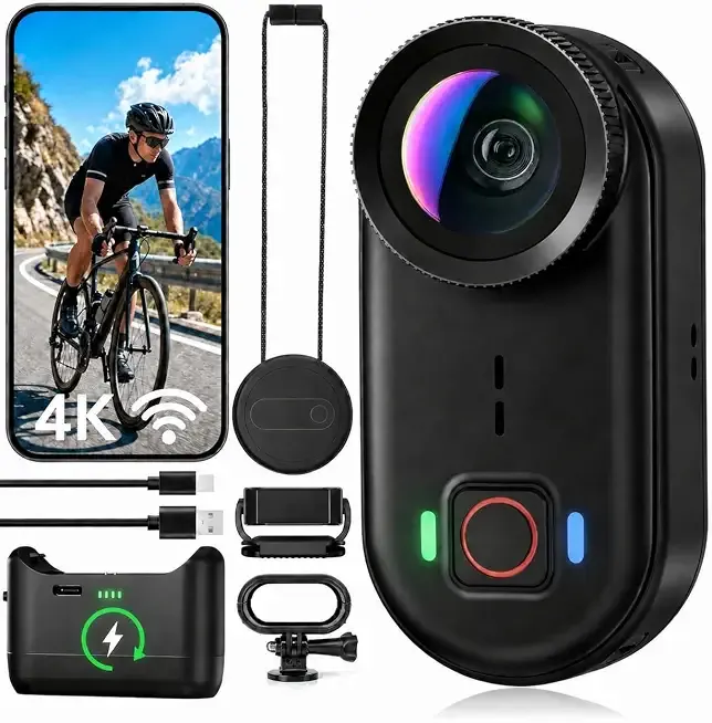 4K Waterproof Mini Action Camera, 64GB WiFi POV Video Wearable Body Camera | Magnetic pendant, clip mount, charging base, hands-free POV recording for motorcycle, hiking and sports