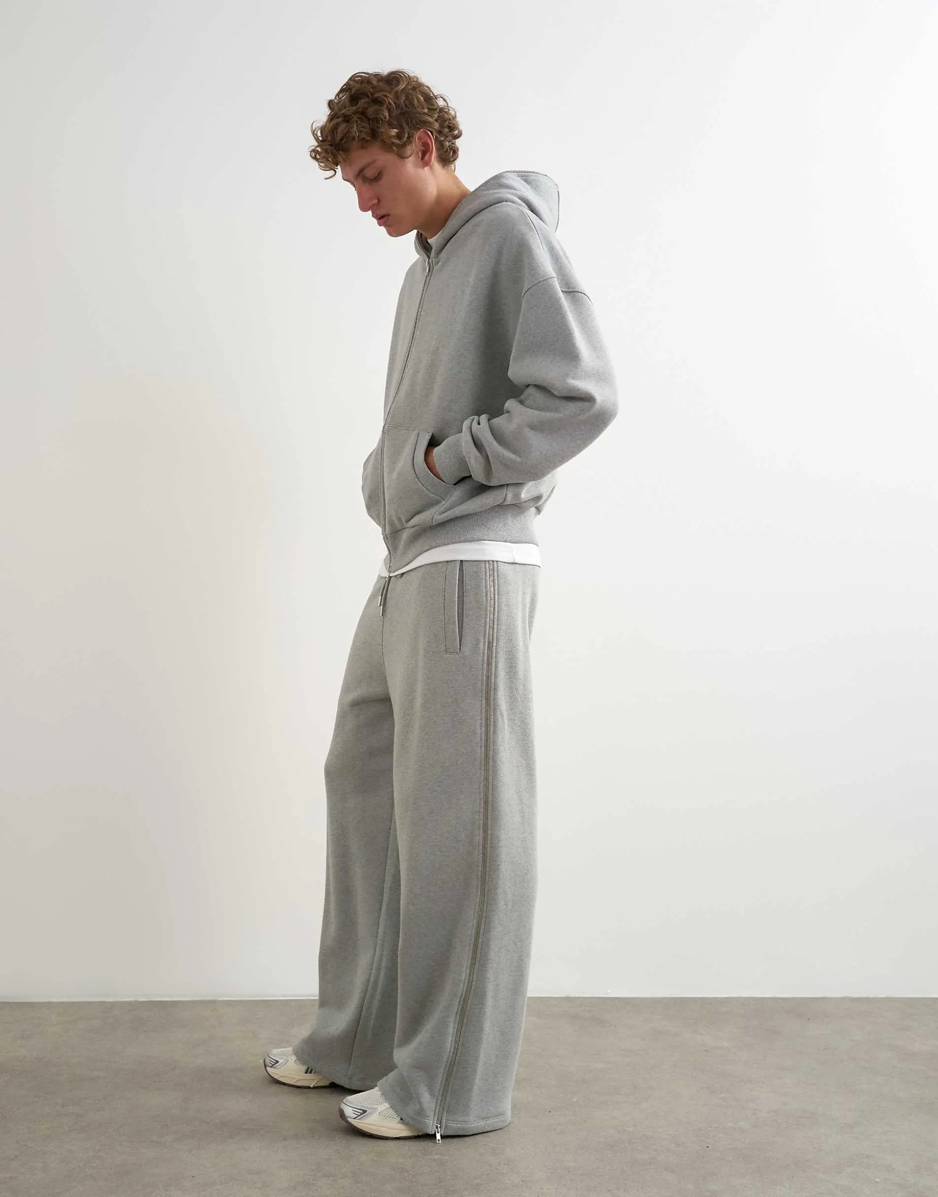 Topman premium wide leg heavyweight full side zip jogger in grey marl