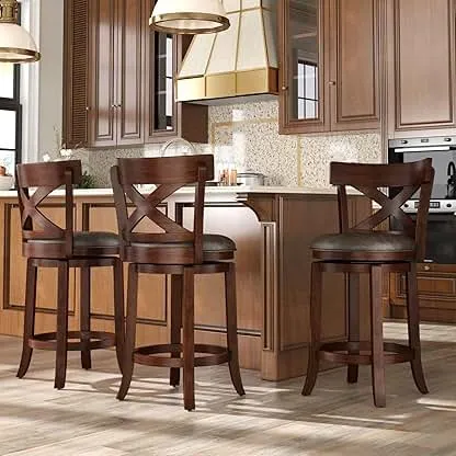 Sophia & William Swivel Bar Stools Set of 3, 26 Inch Counter Height Barstools with Cross Back & Solid Wood Legs, Faux Leather Bar Chairs for Kitchen Island Sophia & William Swivel Bar Stools Set of 3, 26 Inch Coun…