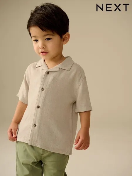 Neutral Plain Short Sleeves Linen Blend Revere Collar Shirt (3mths-7yrs)