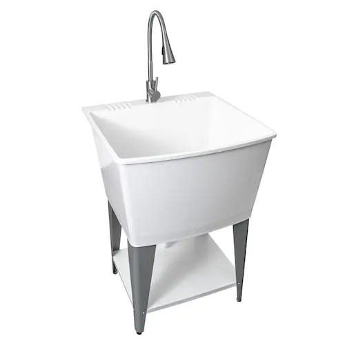 24-in Utility Tub 85L with Stainless Steel Flex Neck Faucet, Steel Legs, P-Trap and Stopper