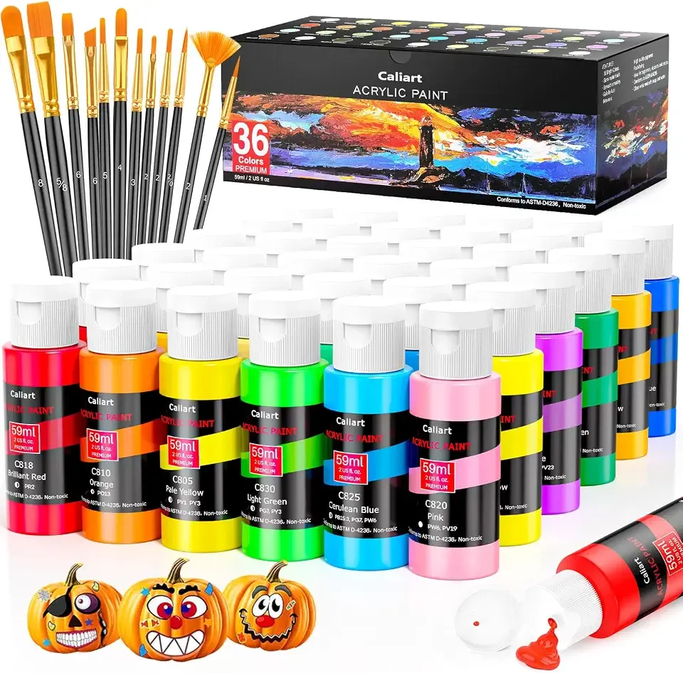 Caliart 36 Colors Acrylic Paint Set with 12 Brushes | Craft Painting kit for Adults Artists Beginners, Rich Pigment Non-toxic, Canvas Wood Rock Pumpkin Ceramic Art Supplies Paint