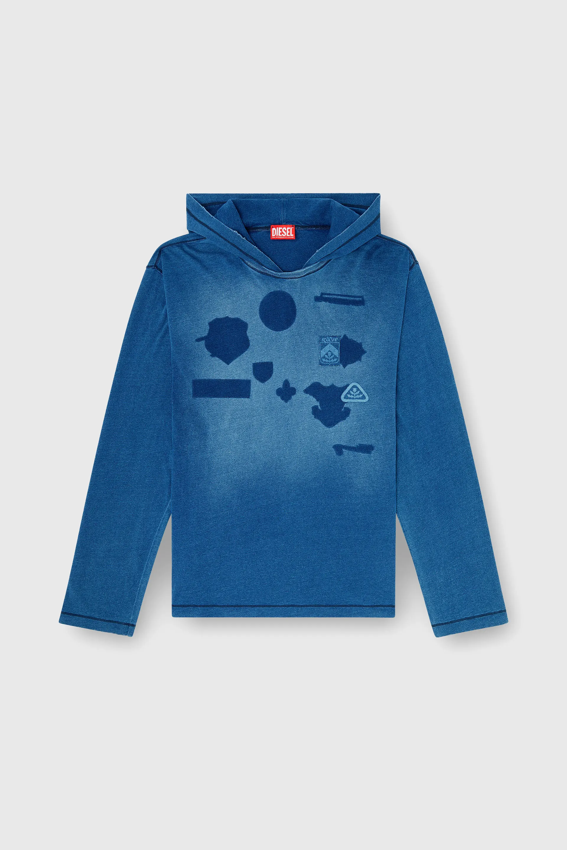 Hooded long-sleeve T-shirt with shadow-effect patches