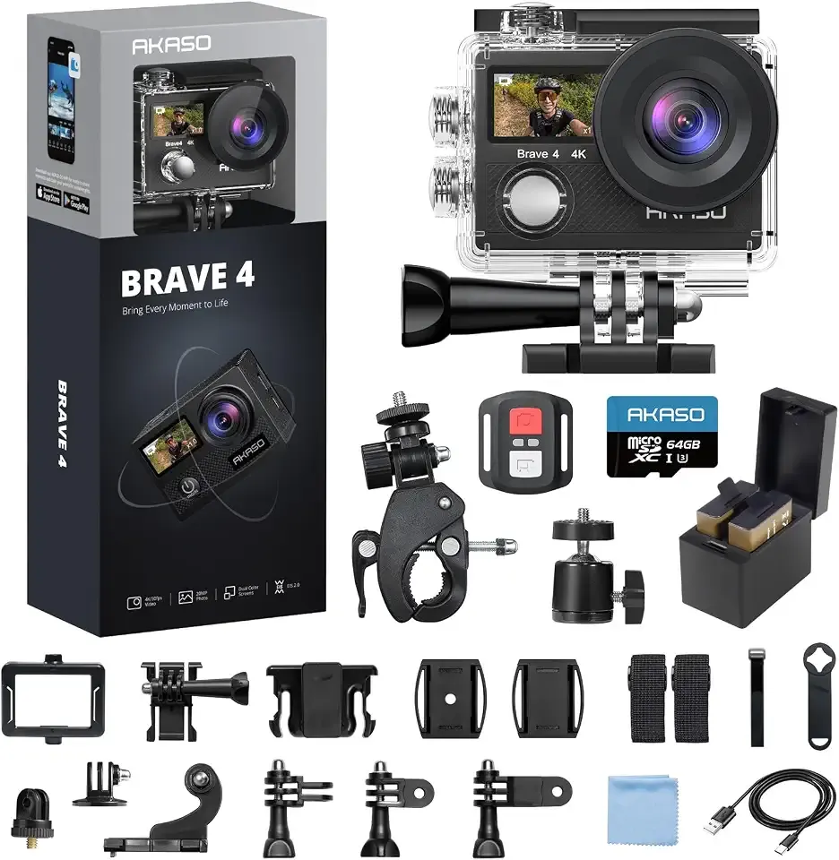 AKASO Brave 4 4K30fps 20MP WiFi Action Camera with 64GB MicroSD Card Bundle