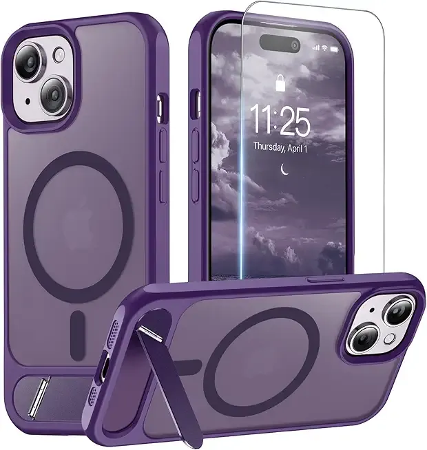 Magnetic for iPhone 15 Case (Built-in Invisible Kickstand)(Screen Protector)(Compatible with MagSafe)(Military Grade Shockproof) Translucent Matte Slim Phone Cover,Purple