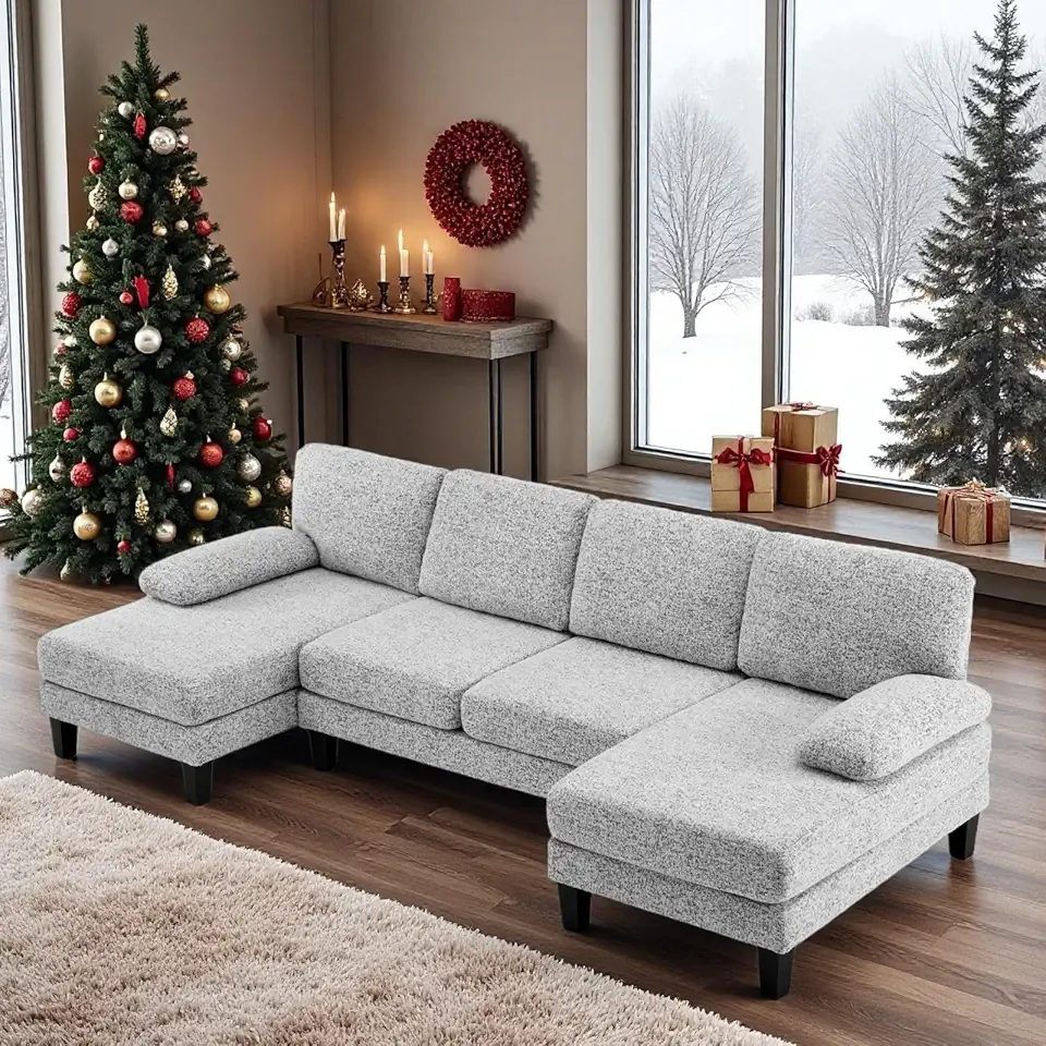 VINGLI 110' U-Shaped Sectional Couch with Two Chaise, Affordable Small Sofa with 4 Seats, Chenille Fabric Comfy Couches for Living Room, Light Grey