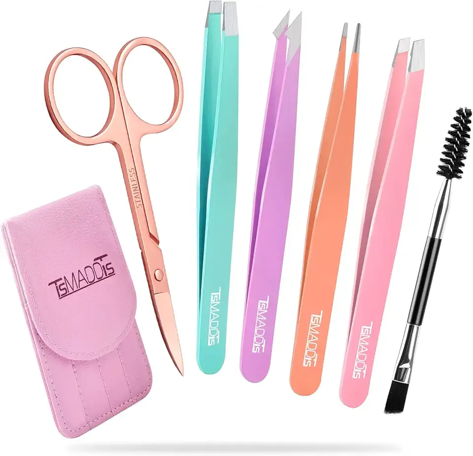 TsMADDTs 6 PCS Tweezers Set for Women, Eyebrow Tweezers with Curved Scissor for Ingrown Hair, Hair Plucking Daily Beauty Tools with Leather Travel Case