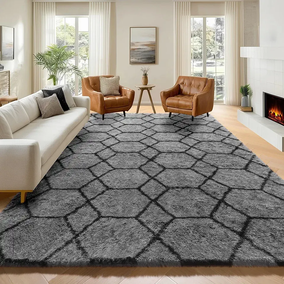 ONASAR 7x9 Area Rugs for Living Room Bedroom, Washable Large Fluffy Grey and Black Throw Rug, Geometric Soft Plush Shaggy Floor Carpet for Nursery Kids Girls Boys Teen Dorm Home Decor Aesthetic