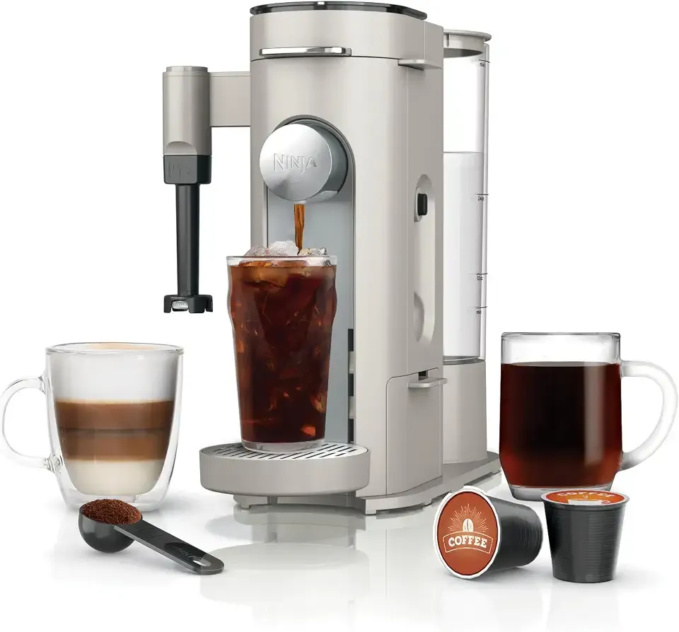 Pod and Grounds Coffee Maker, K-Cup Compatible, Stone, PB051ST | Brews, Compact Design, Built-in Milk Frother, 56 Ounces Reservoir, 6 Ounces Cup to 24 Ounces Mug Sizes