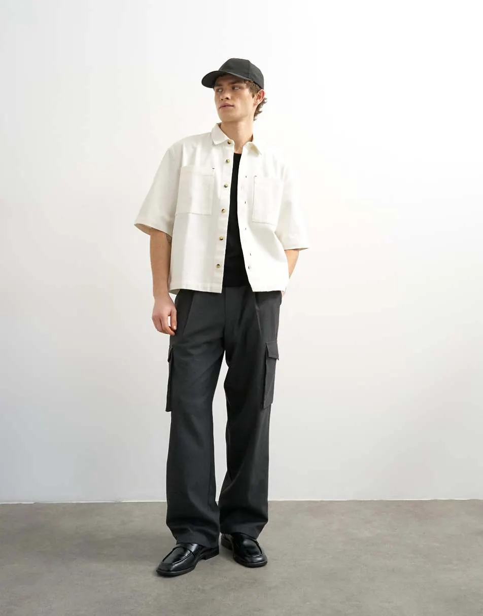 Topman relaxed fit short sleeve twill crop overshirt in contrast ecru