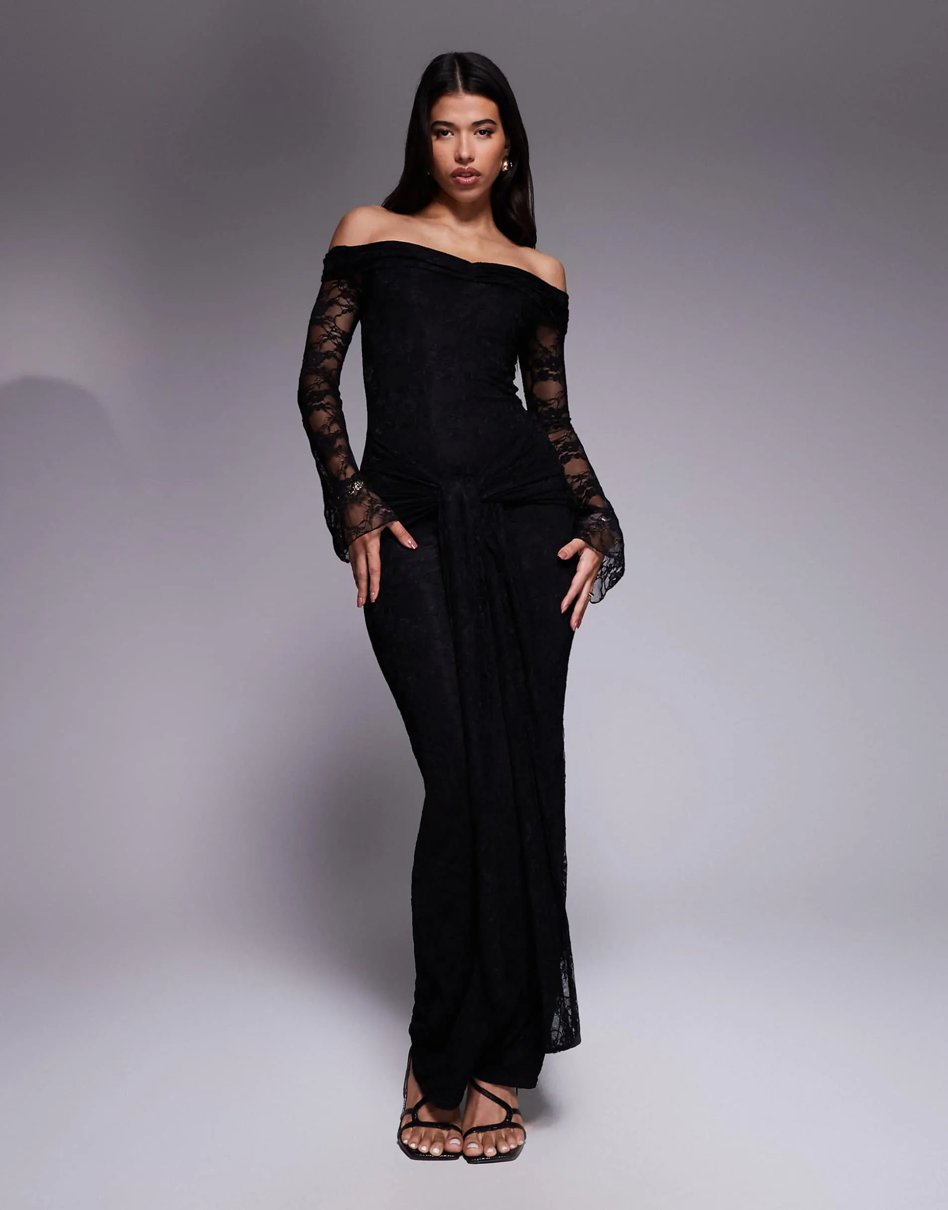Kaiia exclusive double layered slinky lace bardot flare sleeve tie waist drape detail maxi dress in black
