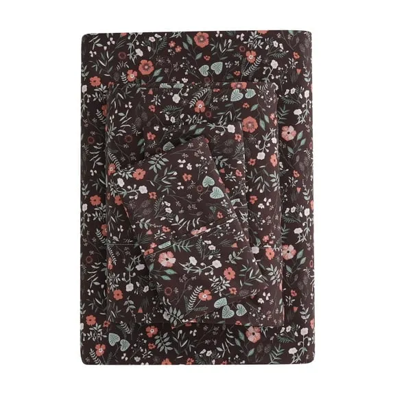 Mainstays Super Soft Brushed Microfiber Bed Sheet Set, Dark Brown Floral, Queen, 4 Piece