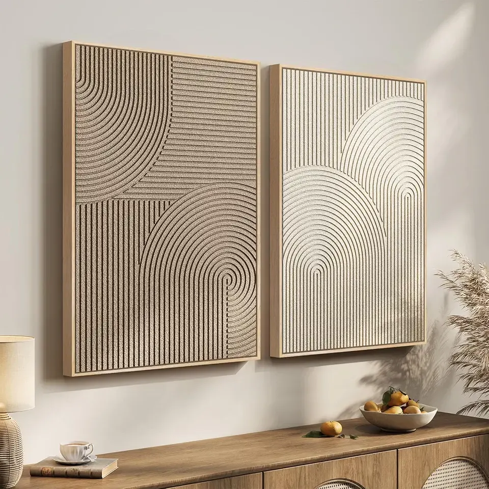 Large 3D Textured Framed Neutral Abstract Wall Art Set, 2 Piece 24x36 In | Modern minimalist paintings, Beige brown geometric pictures, Bedroom dining room hallway wall decor