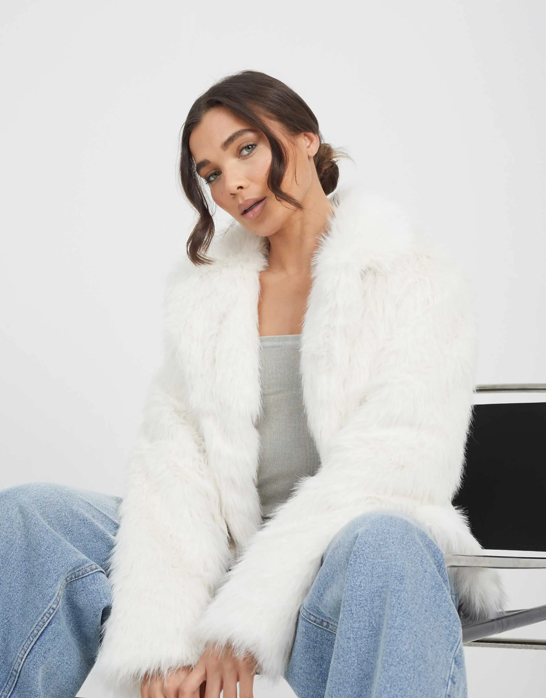 Brave Soul Revere collar short faux fur jacket in cream