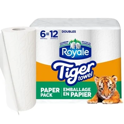 Tiger Towel Recyclable Paper Packaging, 6 Equal 12 Paper Towel Rolls, 98 Sheets per Roll