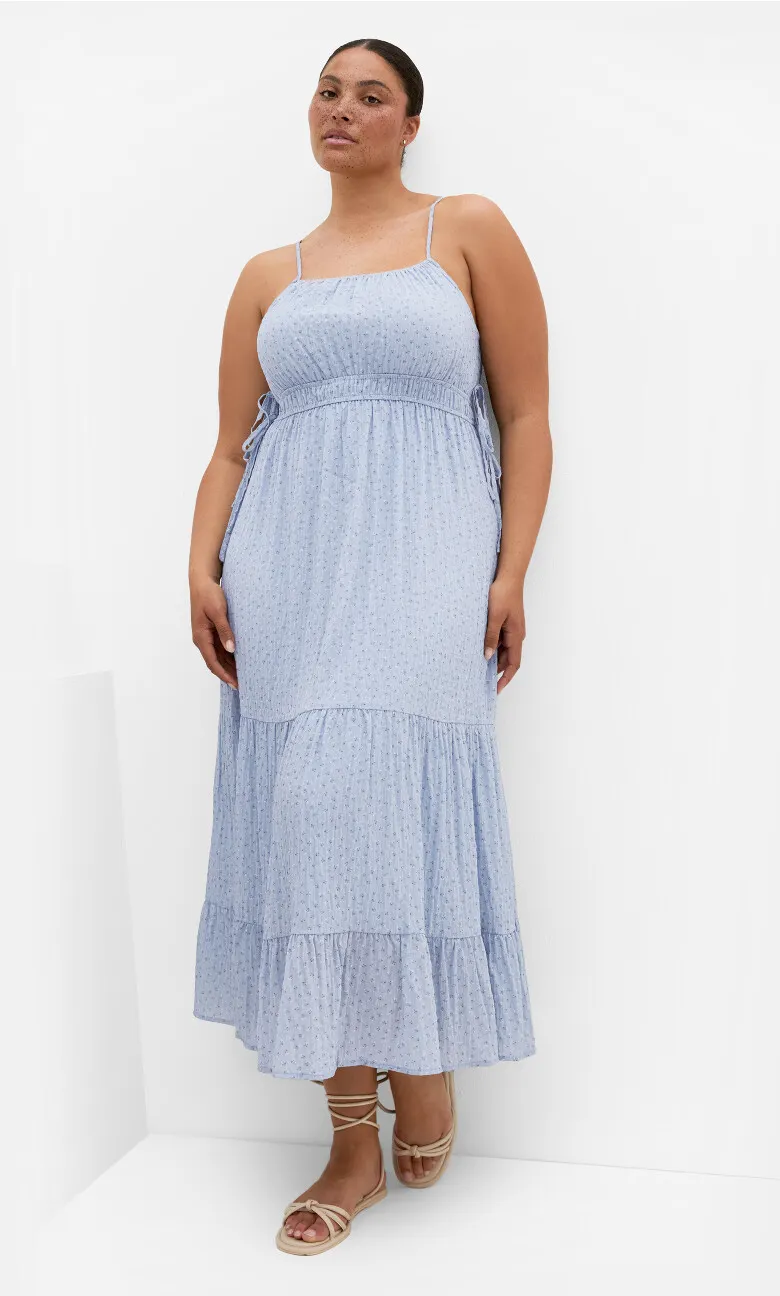 Ditsy Print Tiered Maxi Dress - blue