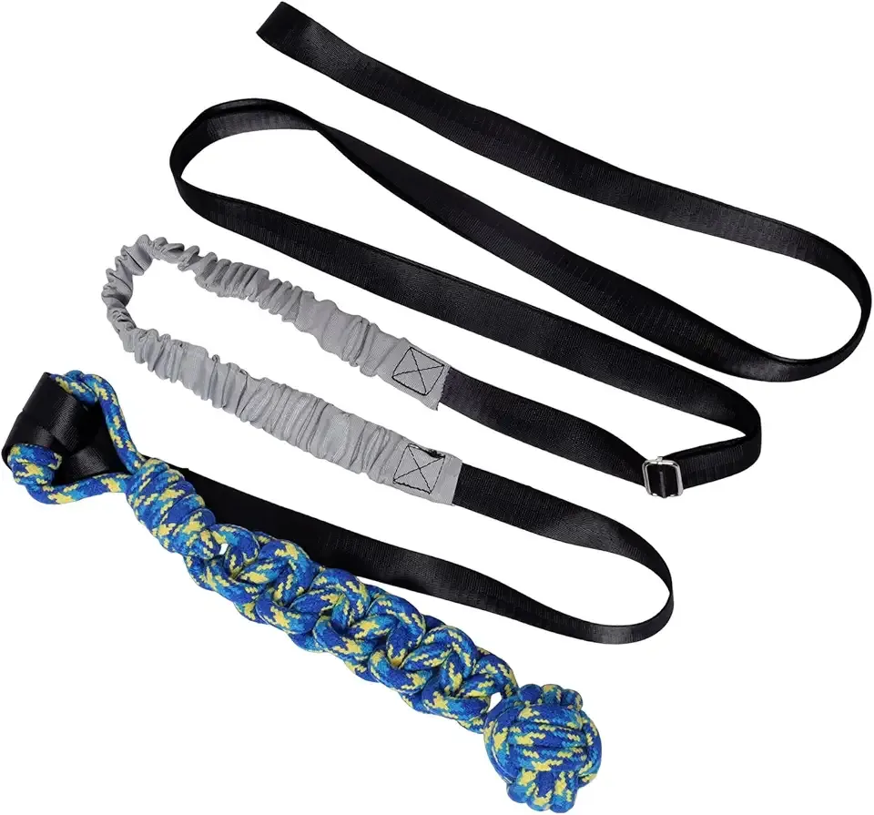 Interactive Dog Bungee Tug Toy Outdoor Hanging Tree Dog Rope Toy with Black Sun-Resistant Rope & Blue Pull Ball Adjustable Tether Tug for Small to Large Dogs Yard Play