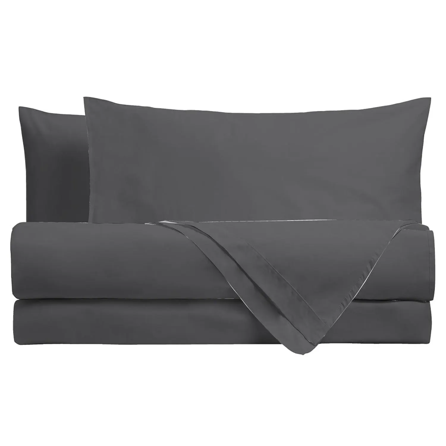 Completo Letto Matrimoniale in Cotone Tinta Unita Grigio Scuro 4 Pezzi