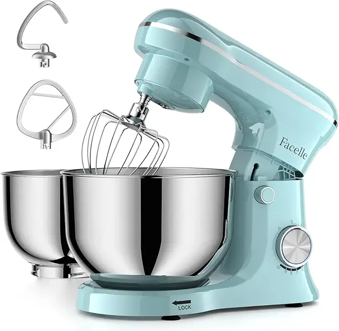 Tilt-Head Stand Mixer, 5QT+6QT Stainless Steel Two Bowls, 10 Speeds Kitchen Electric Food Mixer with Egg Whisk, Dough Hook, Beater, Dishwasher-Safe Attachment (Blue)