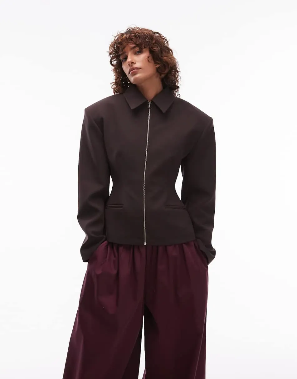 ASOS DESIGN tailored sculpted cinch waist zip through jacket in chocolate