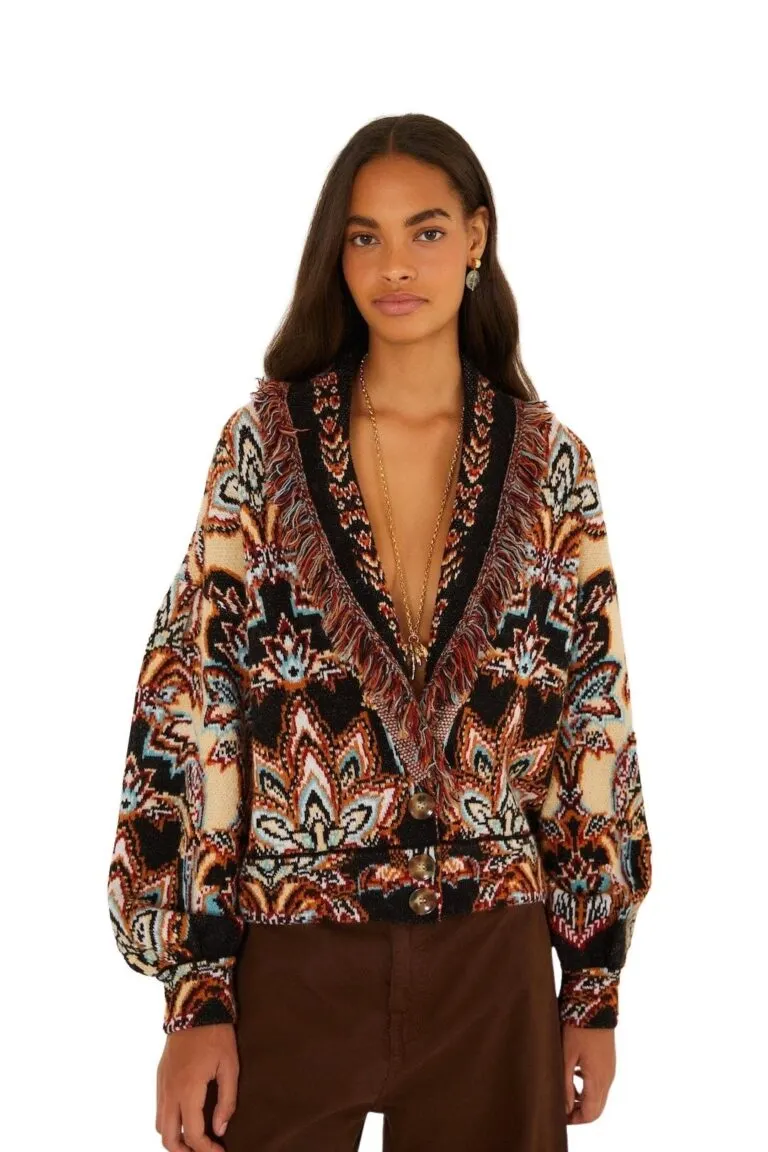 Tapestry Dream Fringe Knit Cardigan - Multi