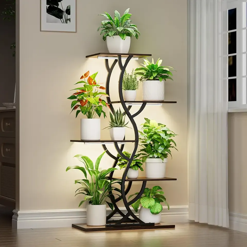 Plant Stand Indoor with Grow Lights - 44" Tall Corner Plant Stands for Indoor Plants, 5 Tiered Metal Plant Shelf, Curved Plant Flower Holder Dispaly Rack for Living Room, Home Patio Balcony (Black)