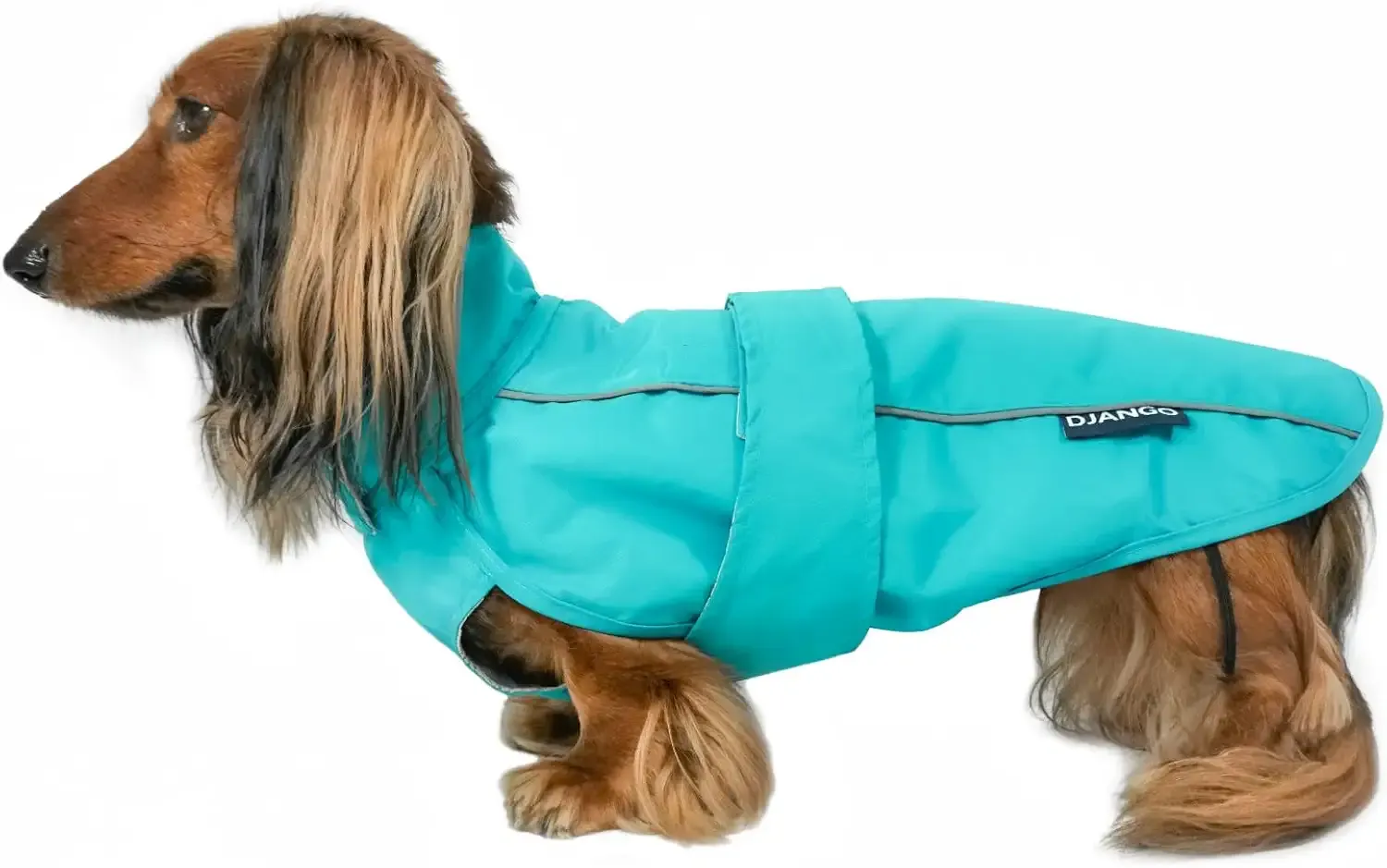 DJANGO Dog Jacket & Raincoat – Lightweight Water-Resistant Coat for Small, Medium & Long Dogs Like Dachshunds – Reflective, Adjustable Fit, Harness-Compatible & Easy-Access Harness Hole - Blue, Small