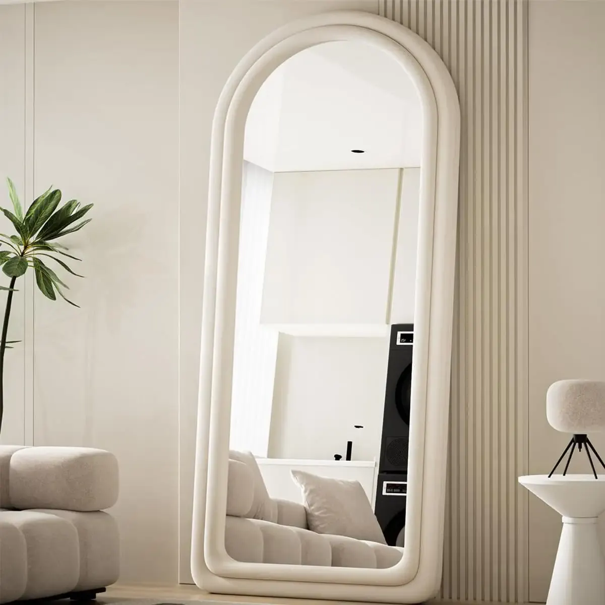 Koonmi 71"x32" Arched Mirror Full Length, Full Body Freely Standing Mirror, Flannel Floor Mirror with Stand for Bedroom, Living Room, Hanging or Against The Wall, White
